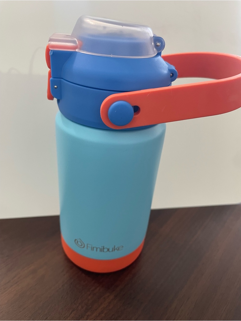 Kids Water Bottle in Light Blue with Coral Handle